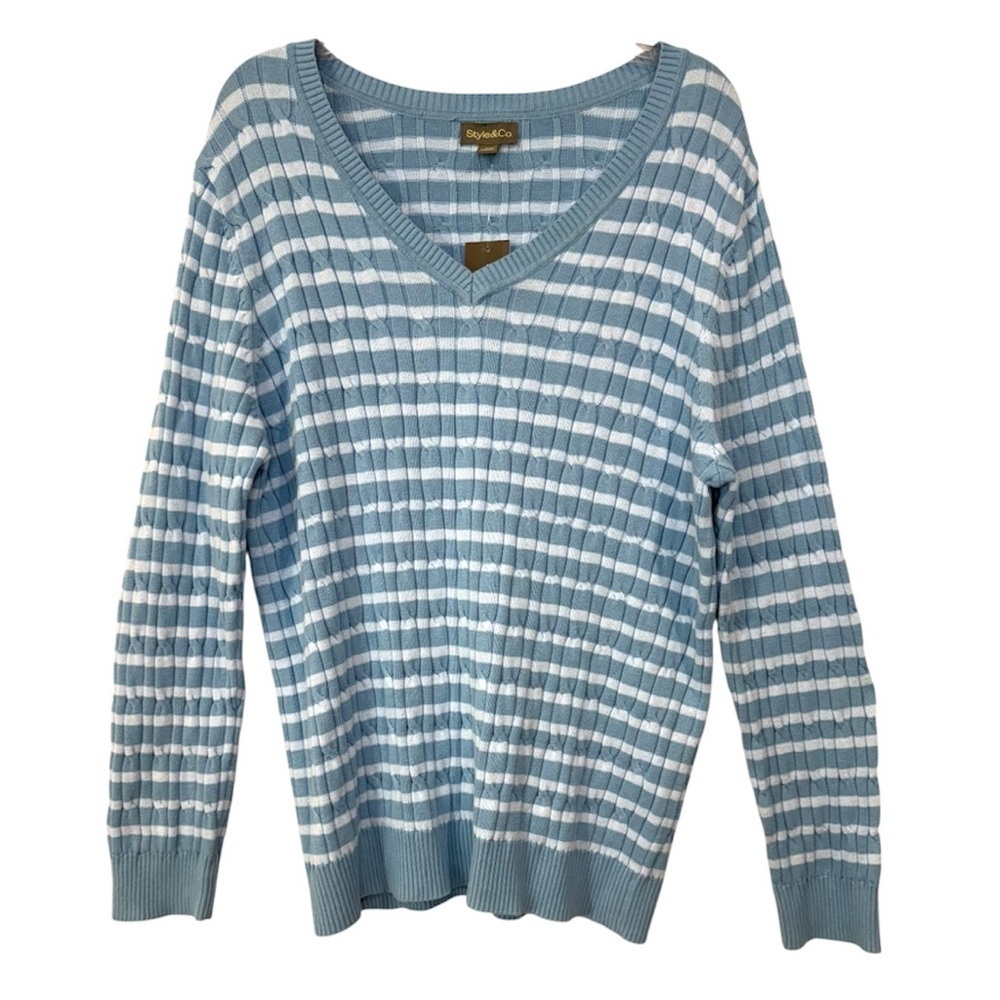 Style & Co Striped Cable Knit V Neck 100% Cotton Sweater Blue White Size XXL
